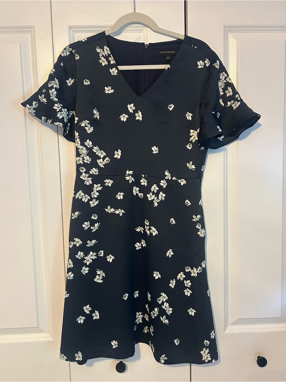 Banana Republic Navy Floral V-Neck Fit-and-Flare Dress